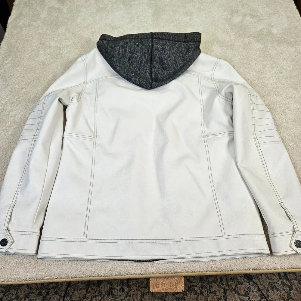 Buckle Black Mens White Faux Leather Full Zip Y2K Hoodie Jacket Combo Sz‎ L Edgy